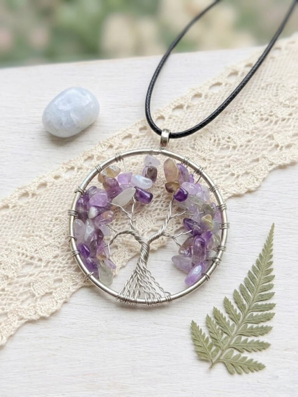 Genuine Amethyst Crystal Tree of Life Pendant Necklace Silver Plated Cottagecore
